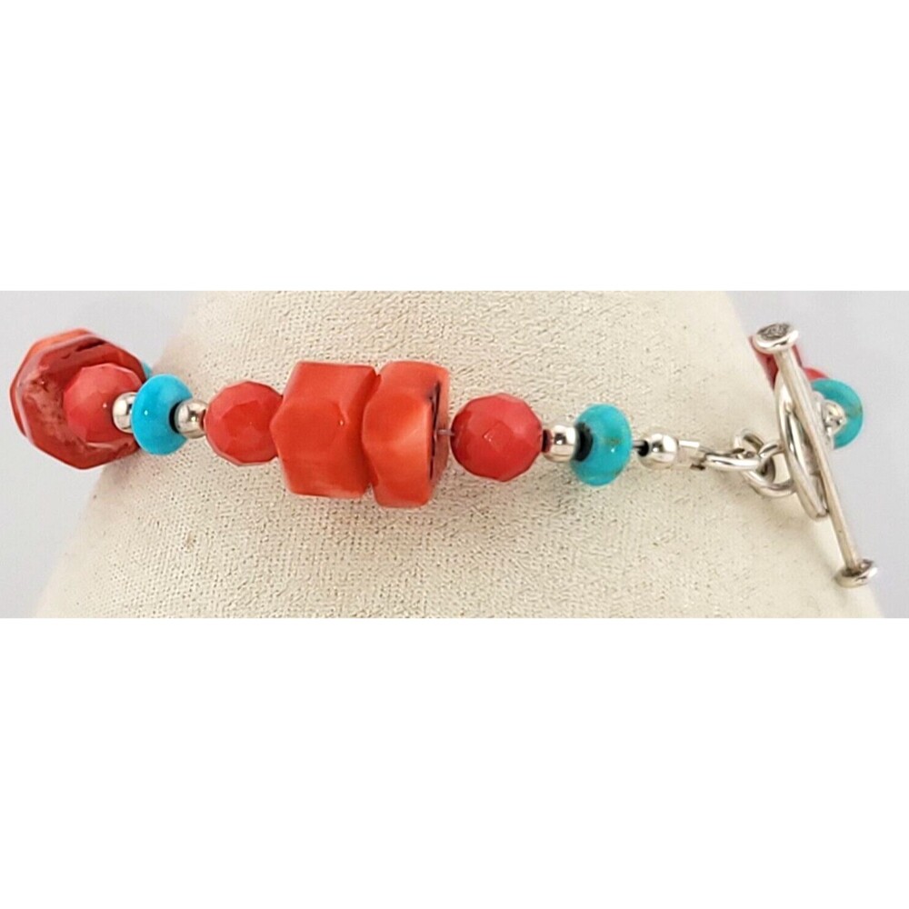 Men's Southwestern Red Coral Blue Turquoise Silver Bead 8" Bracelet Toggle Clasp